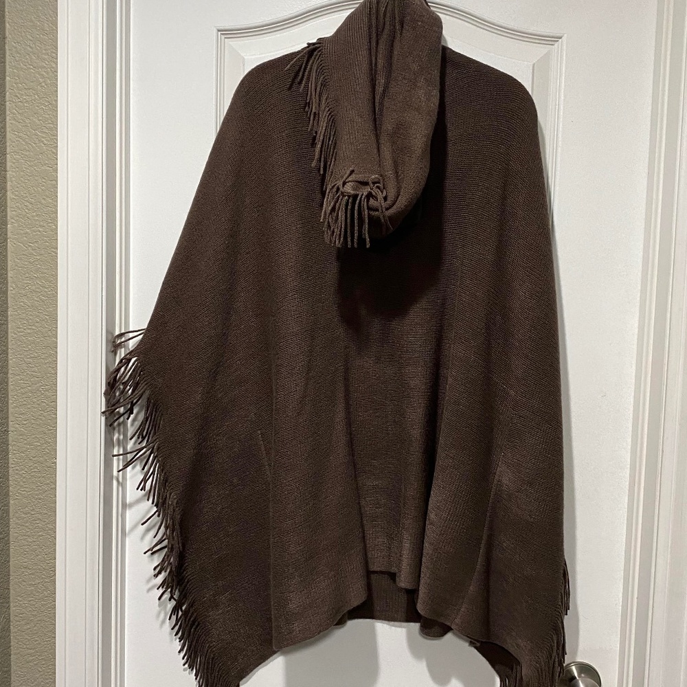 Chocolate brown fringed poncho with matching scarf, never worn!